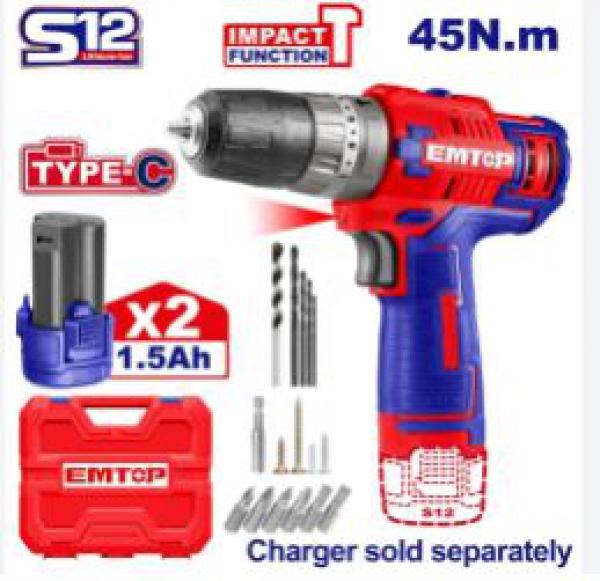 TALADRO ATOR.IMP.BAT USB 12V 45NM EMTOP - imagen 1