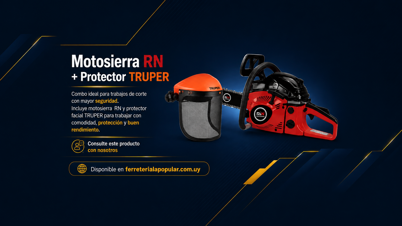 Combo motosierra RN y protector facial TRUPER, ideal para trabajos de corte con seguridad