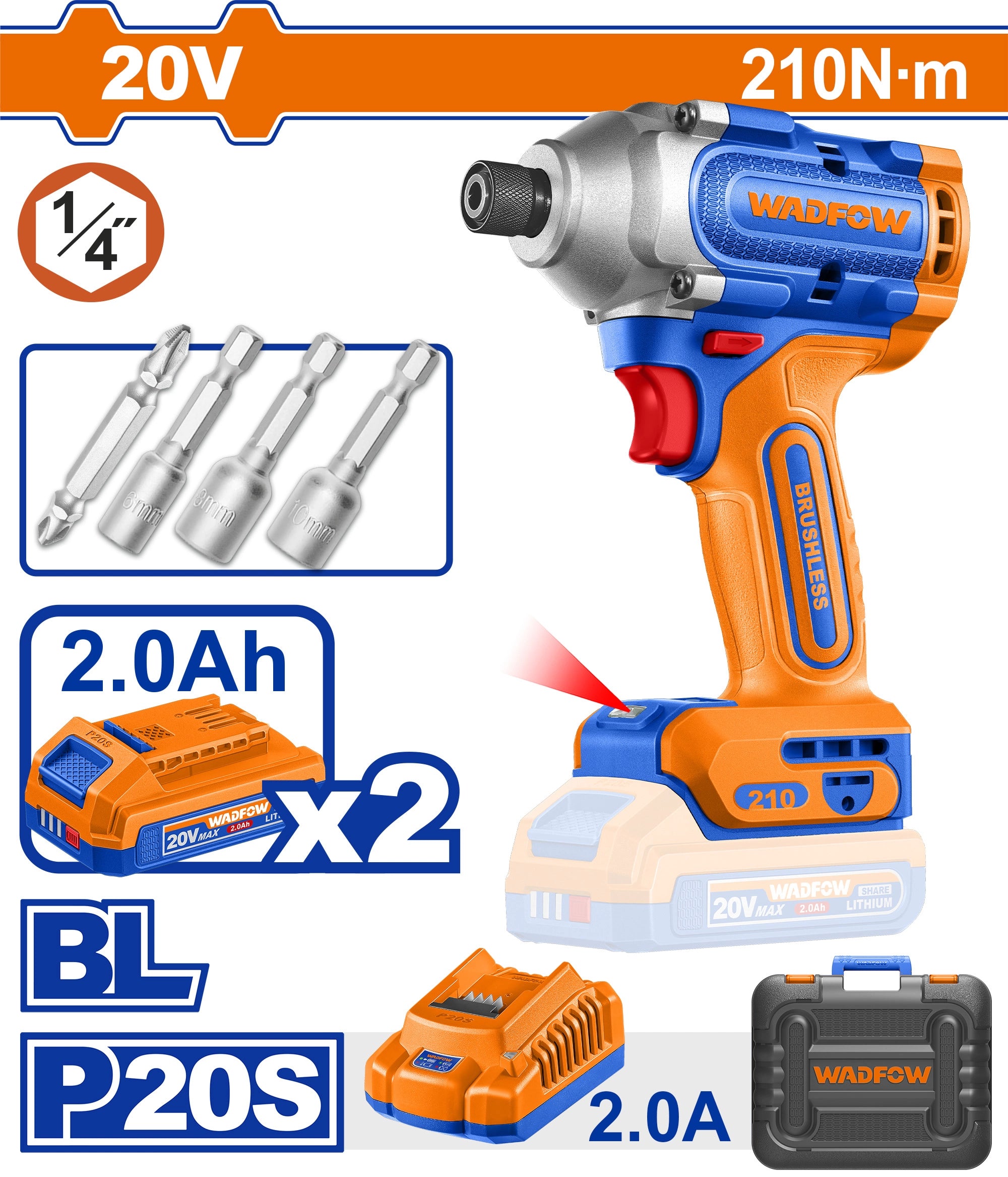 ATORNILLADOR DE IMPACTO A BATERIA 20V 210NM + 2 BATERIA 2.0AH + CARGADOR + ACCESORIOS + VALIJA WADFOW - imagen 2