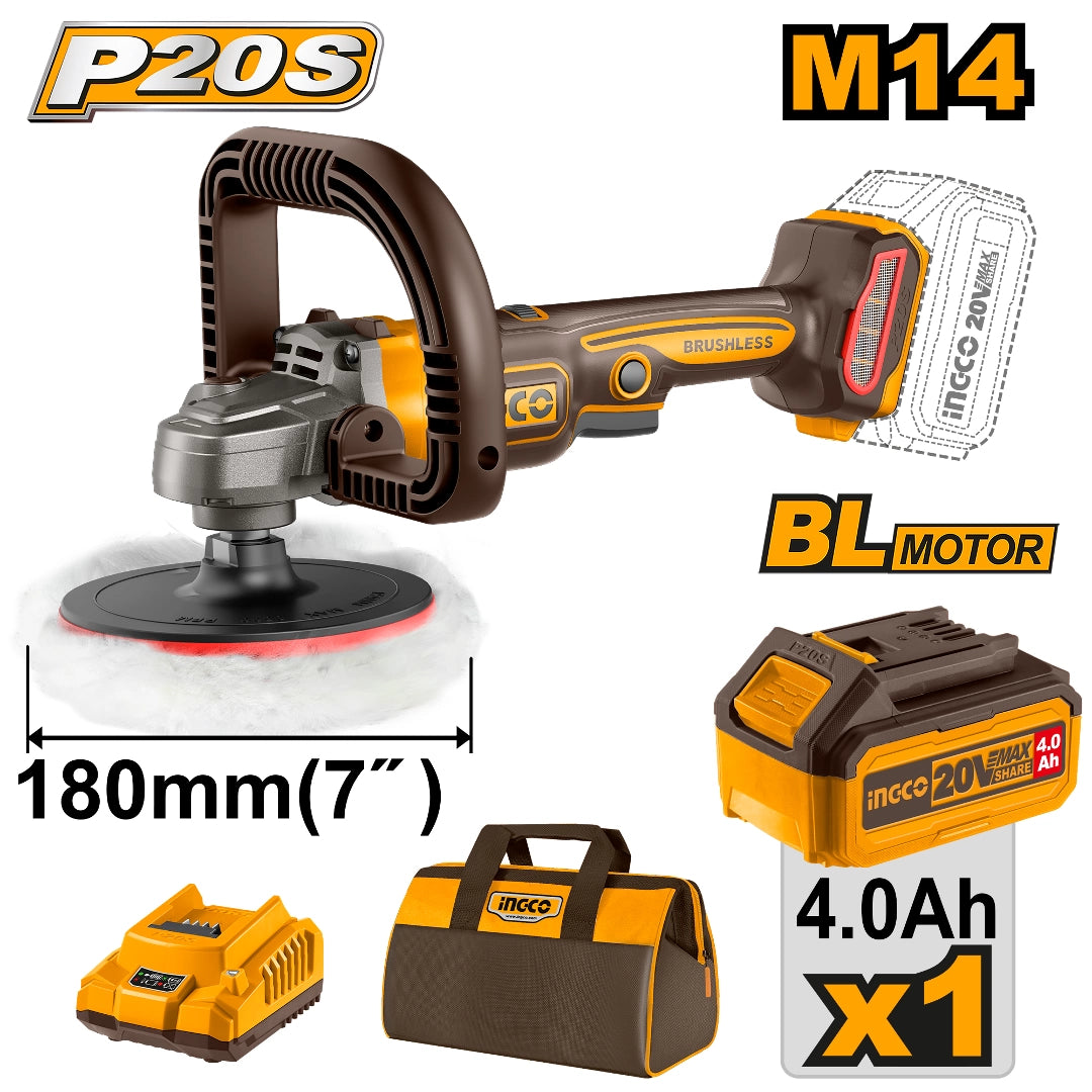 LUSTRA PULIDORA A BATERIA 7" 20V BRUSHLESS C/1 BAT + BOLSO DE HERRAMIENTAS INGCO - imagen 1