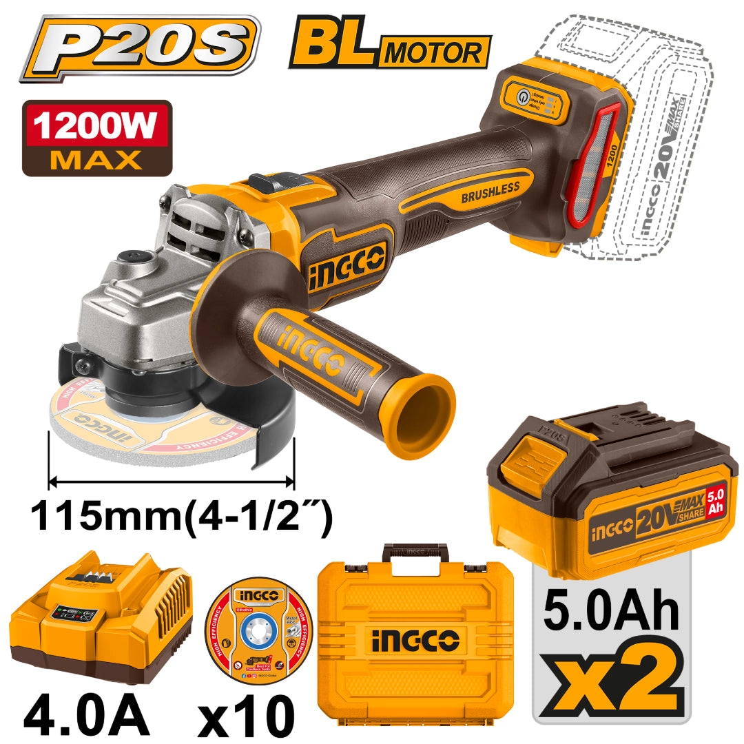 AMOLADORA A BATERIA 4 1/2" 20V C 2 X 5AH BAT CARG Y VALIJA INGCO - imagen 1
