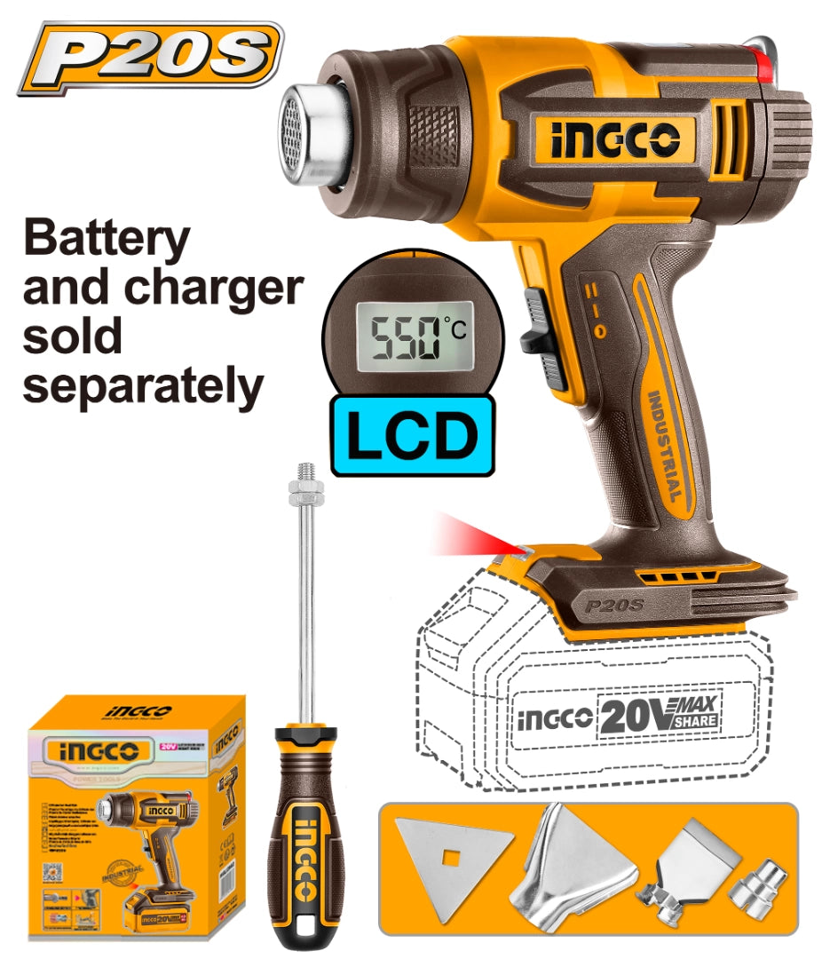 PISTOLA DE CALOR A BAT 20V DISPLAY LCD TEMP AJUSTABLE 30-550° SIN BAT Y SIN CARG INGCO - imagen 2