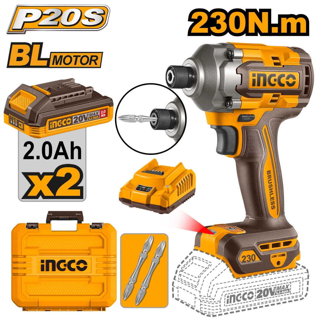 ATORNILLADOR DE IMPACTO A BATERÍA 20V 230NM C/2BATERIAS, CARGADOR, 2 PUNTAS Y VALIJA INGCO - imagen 2