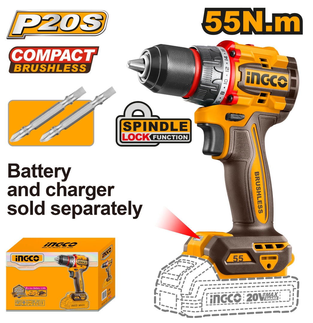 TALADRO ATORNILLADOR A BATERÍA 20V BRUSHLESS 55NM + 2 PUNTAS S/BAT, S/CARG INGCO INGCO - imagen 1
