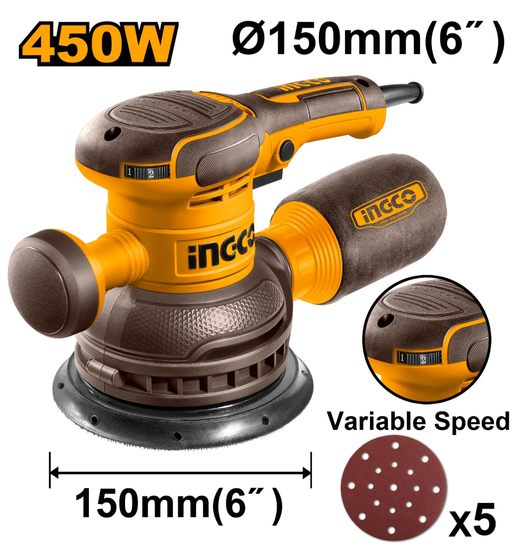 LIJADORA ROTO ORBITAL ELECTRICA 150MM 450W CON 5 LIJAS INGCO - imagen 2