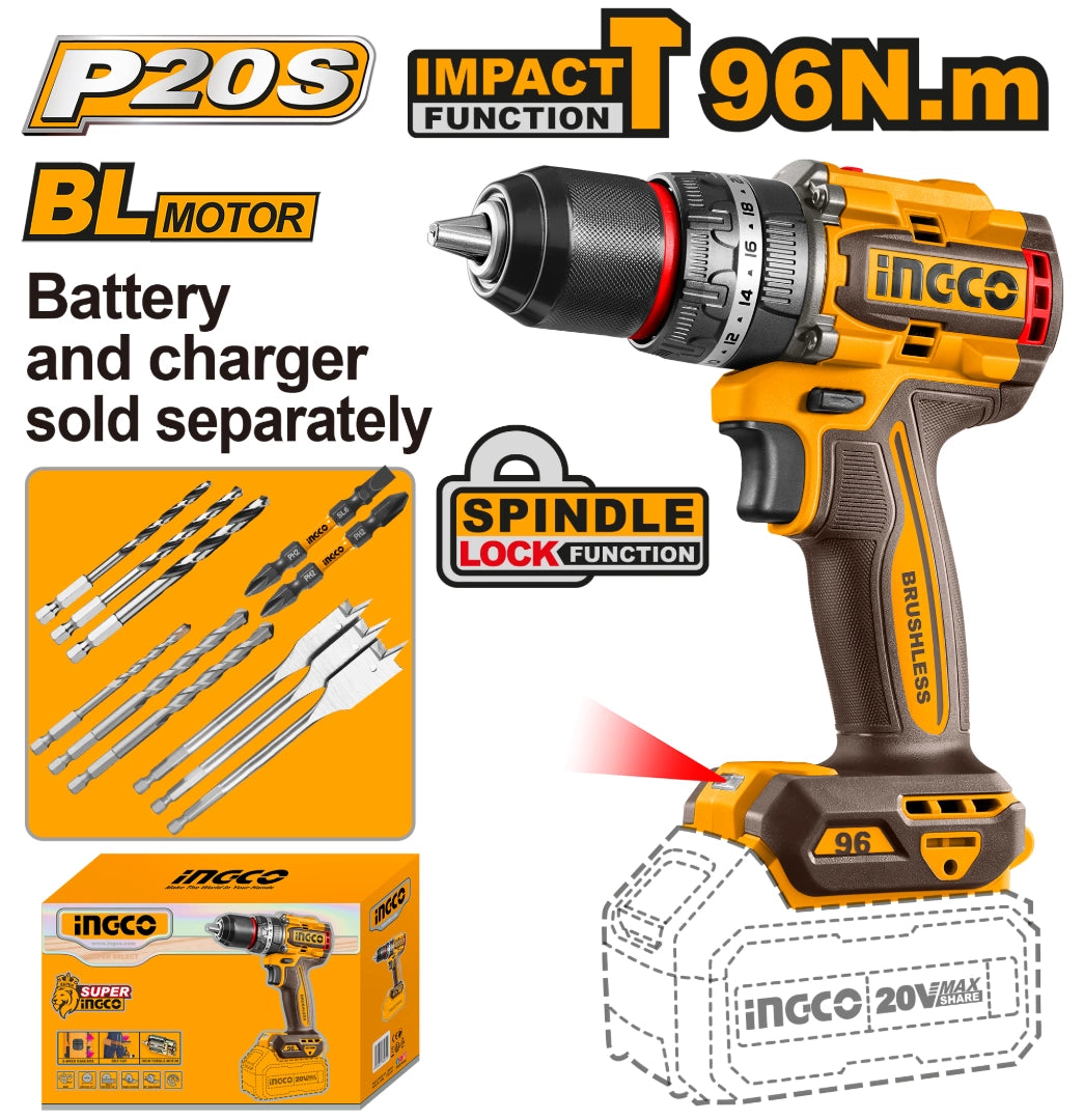TALADOR ATORNILLADOR C/PERCUTOR A BATERIA BRUSHLESS 20V 96NM + ACCESORIOS,S/CARG S/BAT INGCO - imagen 2