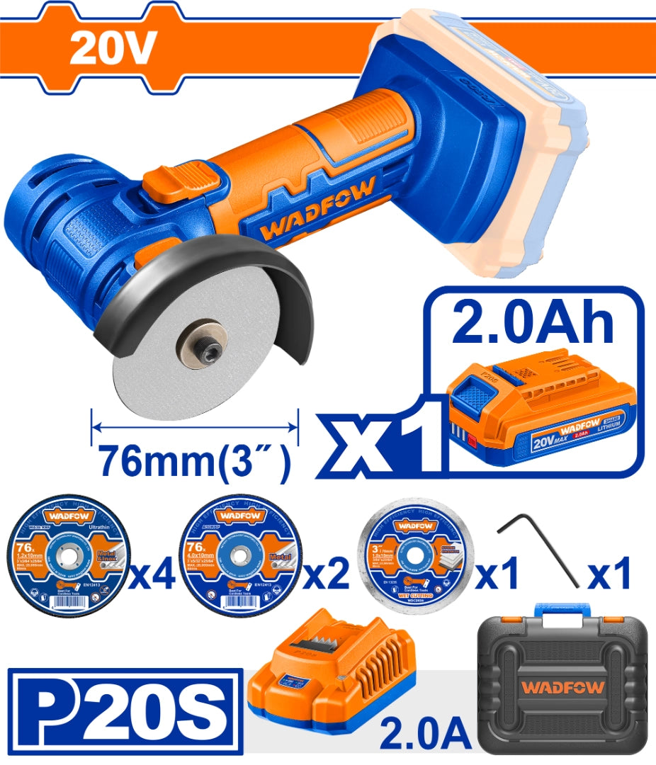 MINI AMOLADORA A BATERIA 3" 20V + BAT + CARGADOR + ACCESORIOS + VALIJA WADFOW - imagen 2