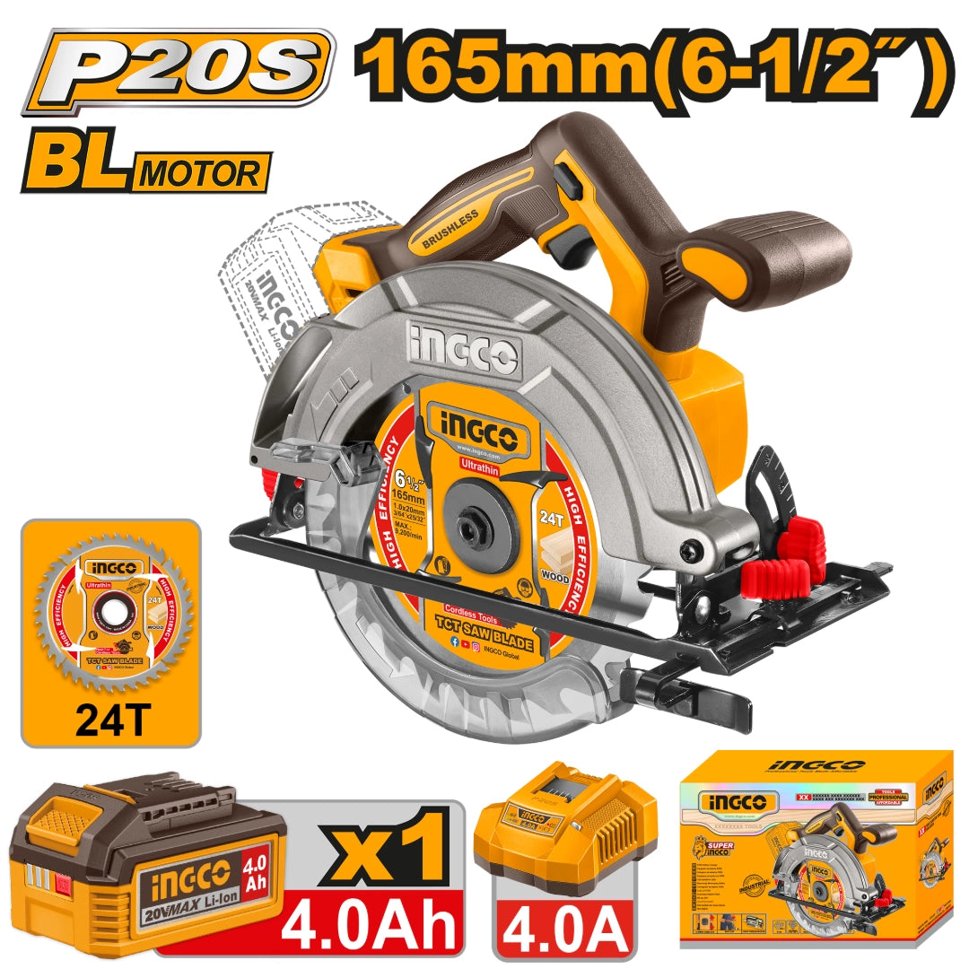 Sierra Circular Inalámbrica INGCO 20V Brushless con Batería y Cargador