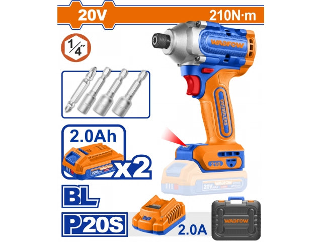 ATORNILLADOR DE IMPACTO A BATERIA 20V 210NM + 2 BATERIA 2.0AH + CARGADOR + ACCESORIOS + VALIJA WADFOW - imagen 1