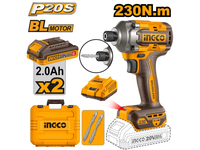 ATORNILLADOR DE IMPACTO A BATERÍA 20V 230NM C/2BATERIAS, CARGADOR, 2 PUNTAS Y VALIJA INGCO - imagen 1